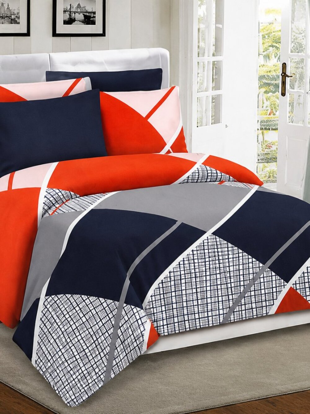 💗#63. Modern Geometric Queen Sheet Set – Super Soft 6 Piece Bedding Set in Navy